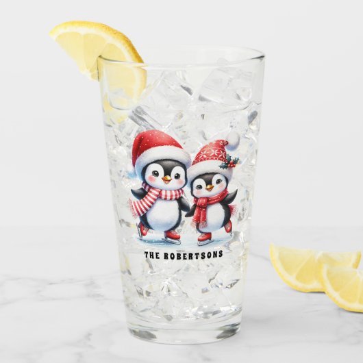キュートペンギンアイススケーターカスタムファミリークリスマス タンブラーグラス (アイス正面)