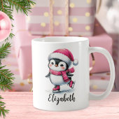 キュートペンギンアイススケートで滑るカスタムピンククリスマス コーヒーマグカップ