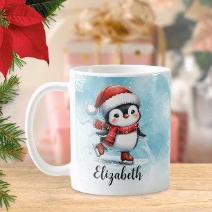 キュートペンギンアイススケートで滑るブルーレッドカスタムクリスマス コーヒーマグカップ