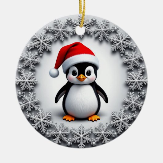 キュートペンギンインクリスマスハットフェスティバル雪片 セラミックオーナメント (正面)
