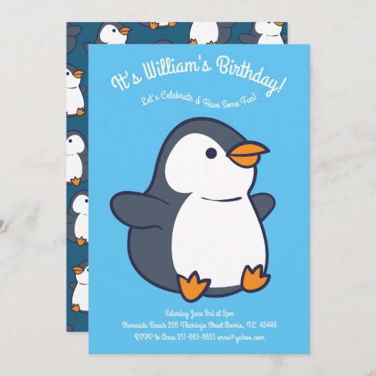 キュートペンギンウィンター子供の誕生日パーティー 招待状 (正面/裏面)