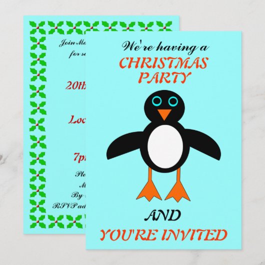 キュートペンギンカスタムクリスマスパーティー招待状 招待状 (正面/裏面)