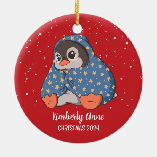 キュートペンギンコージークリスマススノーウィーウィンターホリデー セラミックオーナメント (裏面)