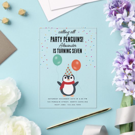 キュートペンギンスウィンターバード子供の誕生日パーティー アクリル招待状 (インサイチュ (ウェディング))