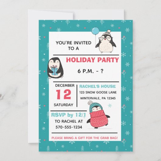 キュートペンギンスウィンターホリデークリスマスパーティー 招待状 (正面)