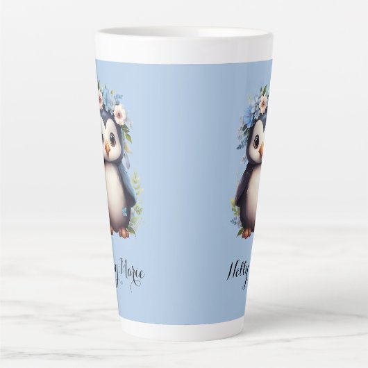 キュートペンギンズブルー名前をカスタムする&イニシャル カフェラテマグ (正面)