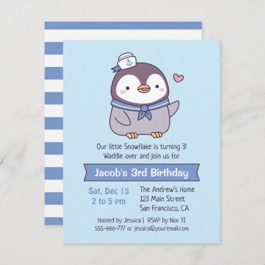 キュートペンギンセーラー子供の誕生日パーティー 招待状 (正面/裏面)