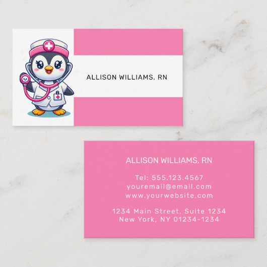 キュートペンギンナースピンクステソスコープストライプ 名刺 (正面/裏面)