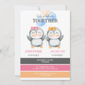 キュートペンギンバルーンガールズジョイント誕生日 招待状 (正面)