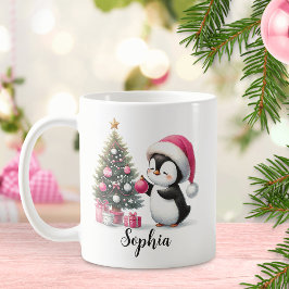 キュートペンギンパインツリーカスタムピンクのクリスマス コーヒーマグカップ