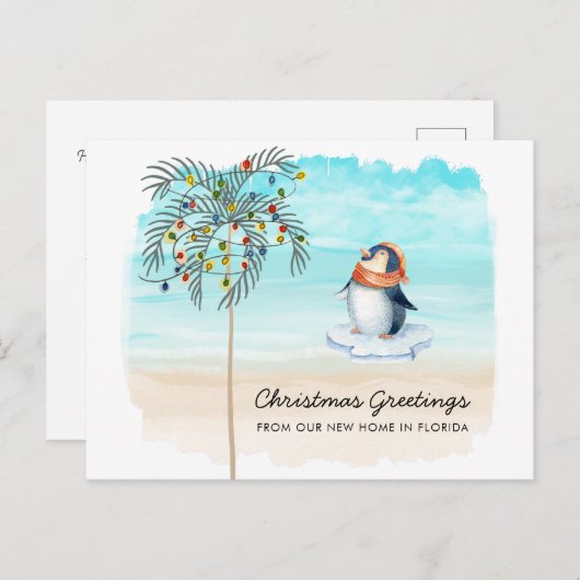 キュートペンギンビーチシーンファミリーホリデームービング 案内ポストカード (正面/裏面)