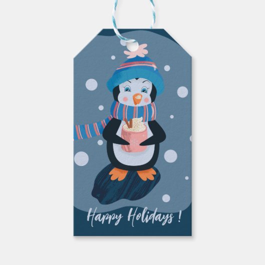 キュートペンギンブルーホリデーギフトラベル ギフトタグ (正面)