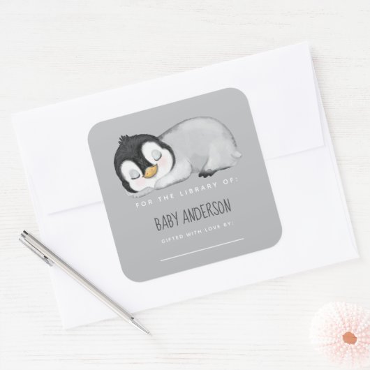 キュートペンギンベビーシャワー蔵書票 スクエアシール (封筒)
