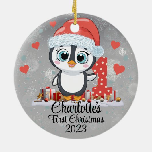 キュートペンギンベビー初めてのクリスマスシルバー セラミックオーナメント (裏面)