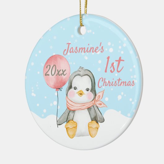 キュートペンギンベビー初めてのクリスマスピンク セラミックオーナメント (左)