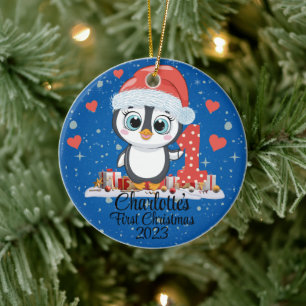 キュートペンギンベビー初めてのクリスマスブルー セラミックオーナメント