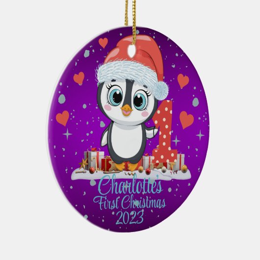 キュートペンギンベビー初めてのクリスマス紫 セラミックオーナメント (右)