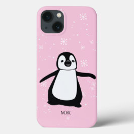 キュートペンギン冬の雪イラストレーションピンク iPhone 13ケース