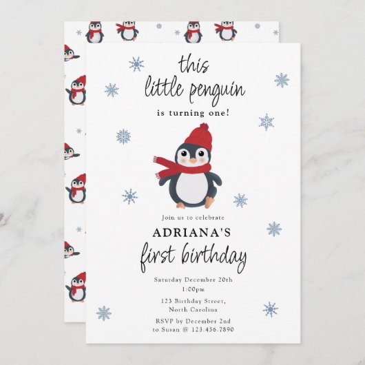 キュートペンギン冬の鳥の北極動物誕生日 招待状 (正面/裏面)