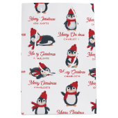 キュートペンギン冬メリークリスマス名前をカスタムする ミディアムペーパーバッグ (正面)