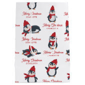 キュートペンギン冬メリークリスマス名前をカスタムする ミディアムペーパーバッグ (裏面)