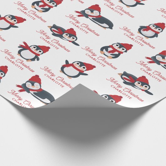 キュートペンギン冬メリークリスマス名前をカスタムする ラッピングペーパー (角)