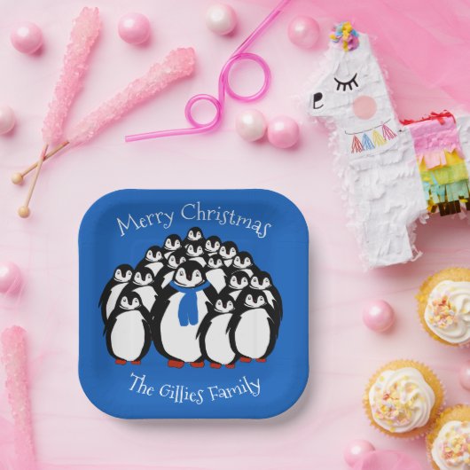 キュートペンギン家族クリスマスブルーパーティープレート ペーパープレート (パーティー)