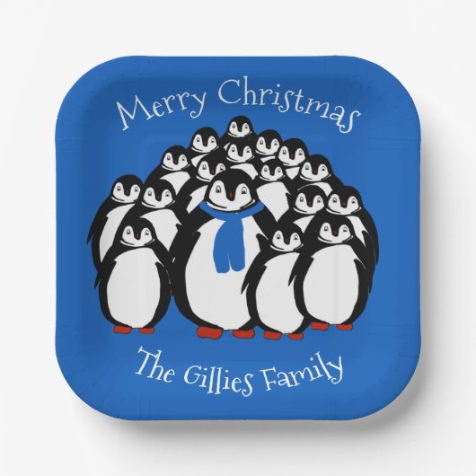 キュートペンギン家族クリスマスブルーパーティープレート ペーパープレート (正面)