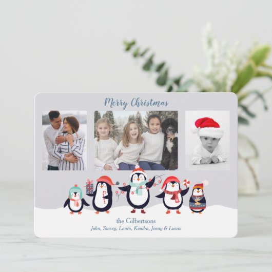 キュートペンギン家族写真テンプレートクリスマス シーズンカード (スタンド正面)