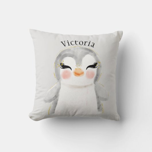 キュートペンギン水彩名タイポグラフィ クッション (正面)