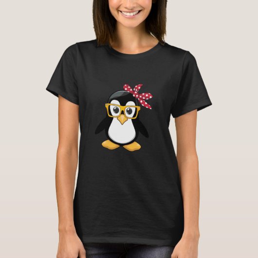キュートペンギン眼鏡と水玉模様ボウデザイン Tシャツ (正面)