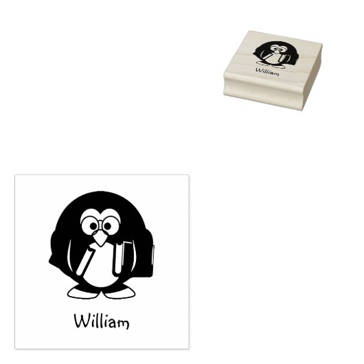 キュートペンギン眼鏡ホールディングブックス名前をカスタムする ラバースタンプ (押印)