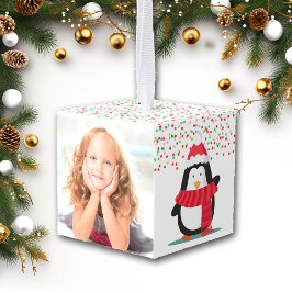 キュートペンギン紙吹雪スノーキッズ写真テンプレート キューブオーナメント