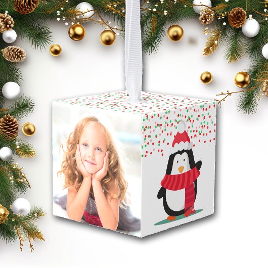 キュートペンギン紙吹雪スノーキッズ写真テンプレート キューブオーナメント