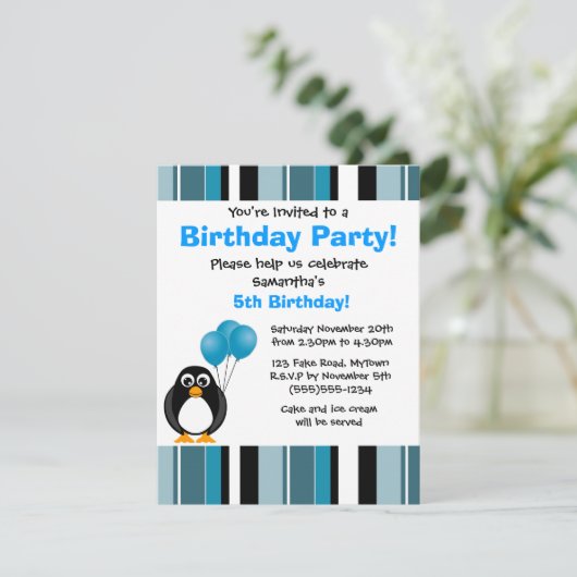 キュートペンギン誕生日ブルーストライプパーティの招待状 招待状 (スタンド正面)