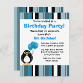 キュートペンギン誕生日ブルーストライプパーティの招待状 招待状 (正面/裏面)