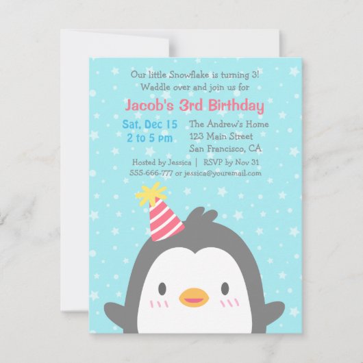キュートペンギン12月バースデーパーティ招待状 招待状 (正面)