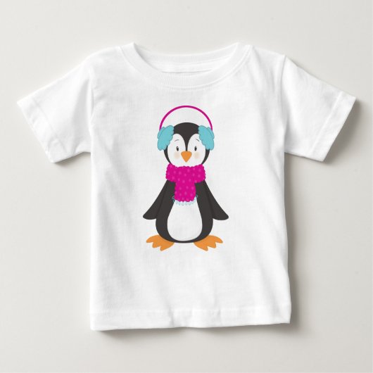 キュートペンギン、ベビーペンギン、スカーフ付きペンギン ベビーTシャツ (正面)