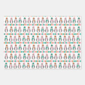 キュートペンギン&雪だるまピンク&ティール(緑がかった色) ラッピングペーパーシート (正面)