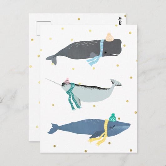 キュートホエールスカーフウィンタークリスマスイラストレーション ポストカード (正面/裏面)