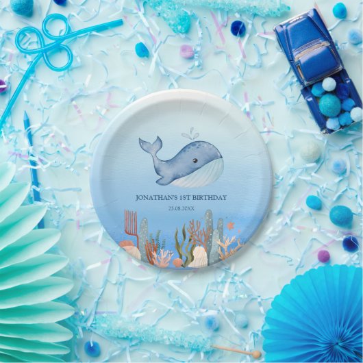 キュートホエールブルーシーコーラルリーフ誕生日 ペーパープレート (パーティー)