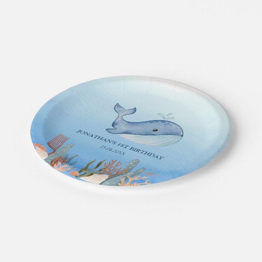 キュートホエールブルーシーコーラルリーフ誕生日 ペーパープレート (アングル)