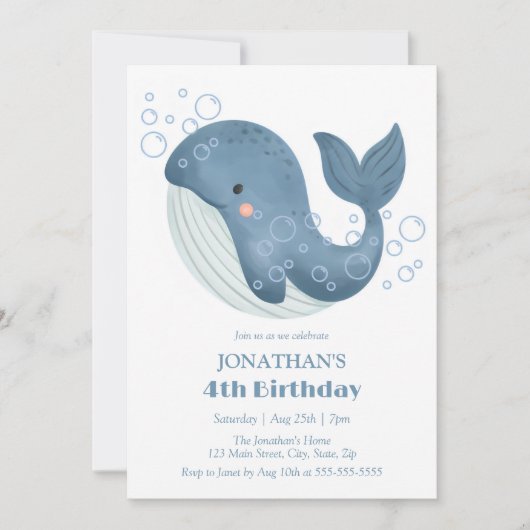 キュートホエールブルーバブル子供の誕生日 招待状 (正面)