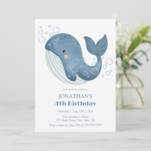 キュートホエールブルーバブル子供の誕生日 招待状 (スタンド正面)