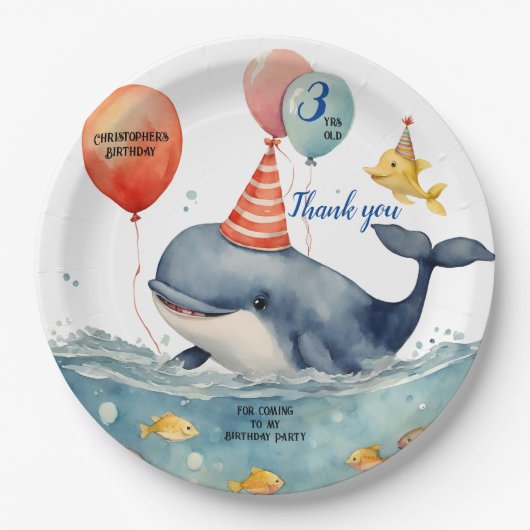 キュートホエールボーイズパーソナライズされた誕生日ありがとう ペーパープレート (正面)