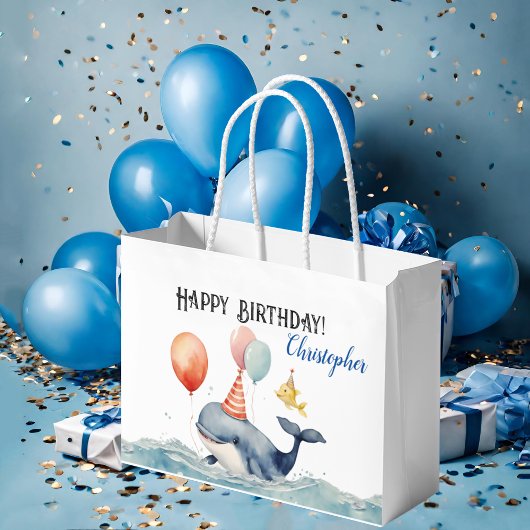 キュートホエールボーイパーソナライズされたズ誕生日 ラージペーパーバッグ