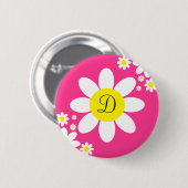 キュートホットピンクとホワイトデイジー独身のイニシャル 缶バッジ (正面&裏面)