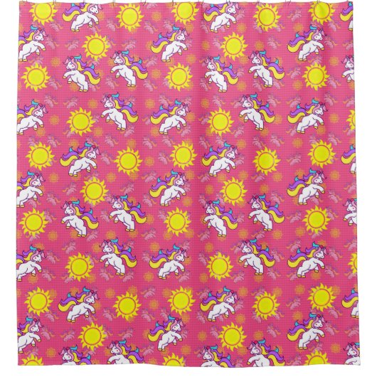 キュートホットピンクサニーユニコーンパターンデザイン シャワーカーテン (正面)