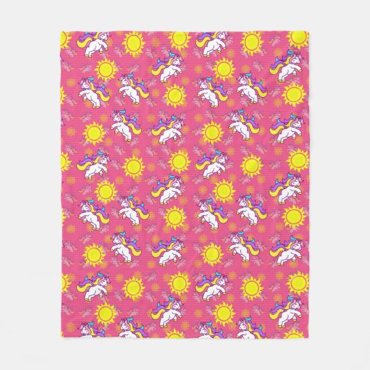 キュートホットピンクサニーユニコーンパターンデザイン フリースブランケット (正面)