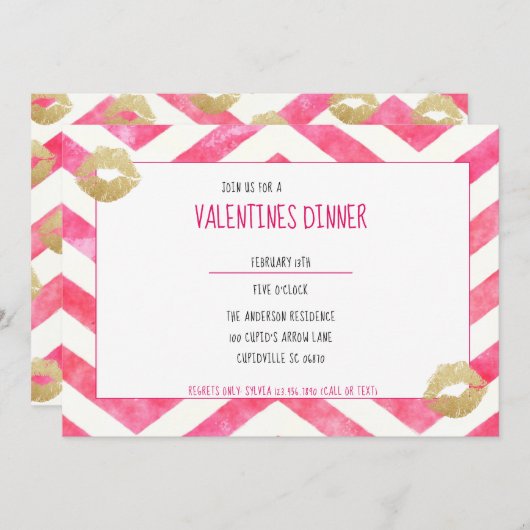 キュートホットピンクシェブロン金ゴールドリップバレンタインパーティー 招待状 (正面/裏面)